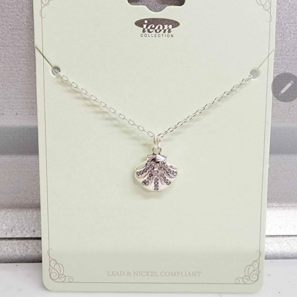 Silver Shell with Purple Rhinestones Necklace